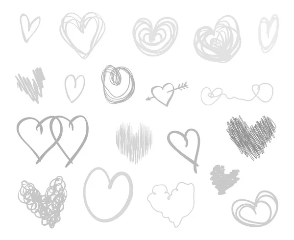 Handgezeichnete Herzen Auf Isoliertem Weißem Hintergrund Eine Reihe Von Liebeszeichen — Stockvektor