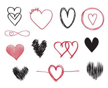 El grunge kalpler izole beyaz zemin üzerine çekilmiş. Aşk belirtileri ayarlayın. Benzersiz soyut resim tasarım için. Hat sanat yaratma. Renkli resimde. Poster veya el ilanı için öğeleri