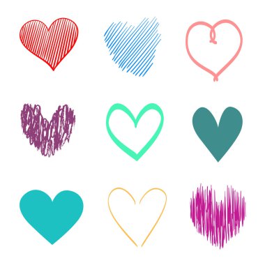 İzole beyaz arka plan üzerinde renkli kalpler. Elle çizilmiş aşk belirtileri ayarlayın. Benzersiz soyut resim tasarım için. Hat sanat yaratma. Renkli resimde. Poster veya el ilanı için öğeleri
