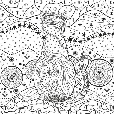 Soyut Asya desen ile izole beyaz kedi. Zentangle. El soyut desenler yalıtım zemin üzerine çekilmiş. Yetişkinler için manevi rahatlama için tasarım. Siyah beyaz resim