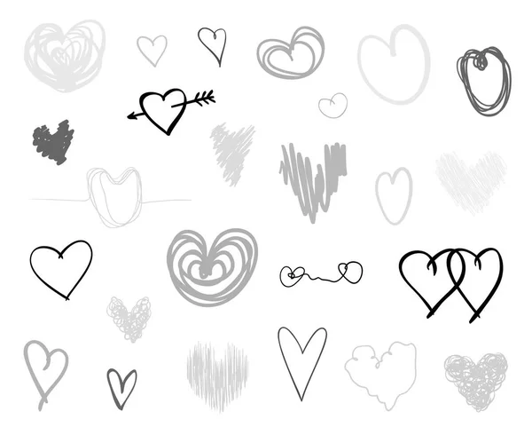 Handgezeichnete Grunge Herzen Auf Isoliertem Weißem Hintergrund Eine Reihe Von — Stockvektor