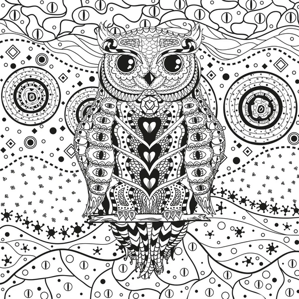 Mandala Met Uil Wit Zentangle Hand Abstracte Patronen Isolatie Achtergrond — Stockvector