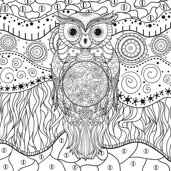 Mandaly Sova Bílém Pozadí Zentangle Ručně Tažené Abstraktní Vzory Pozadí — Stockový vektor