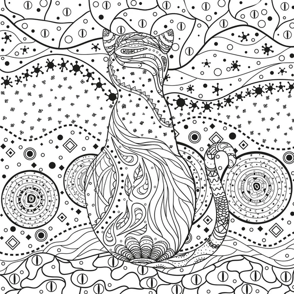 Absztrakt Ázsiai Minta Elszigetelt Fehér Macska Zentangle Kézzel Rajzolt Absztrakt — Stock Vector