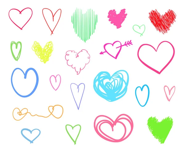 Colorful Hearts Isolated White Background Hand Drawn Set Love Signs — Stock Vector