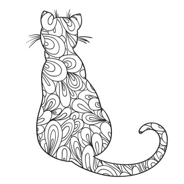 Beyaz kedi. Zentangle. El Hayvan soyut desenler ile yalıtım zemin üzerine çekilmiş. Yetişkinler için manevi rahatlama için tasarım. El ilanı veya poster için anahat. Siyah beyaz resim