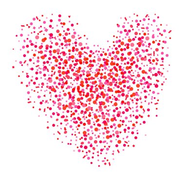 Soyut kalp izole beyaz üzerine konfeti ile. Rasgele geometrik öğelerin tatil kökenli. Afiş, poster ve Tekstil için şablon. Tebrik kartları. Tasarım ve iş için doodle