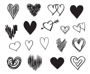 El grunge kalpler izole beyaz zemin üzerine çekilmiş. Aşk belirtileri ayarlayın. Benzersiz görüntü tasarımı için. Hat sanat yaratma. Siyah beyaz resim. Poster veya el ilanı için öğeleri