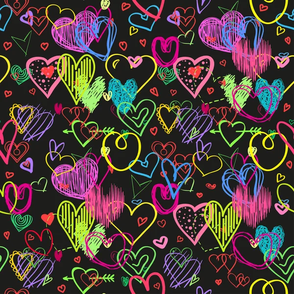 Hand Drawn Background Colored Hearts Seamless Grungy Wallpaper Surface Abstract — Stock Vector