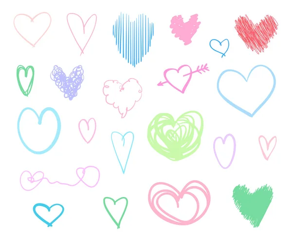 Zole Beyaz Arka Plan Üzerinde Renkli Kalpler Elle Çizilmiş Aşk — Stok Vektör