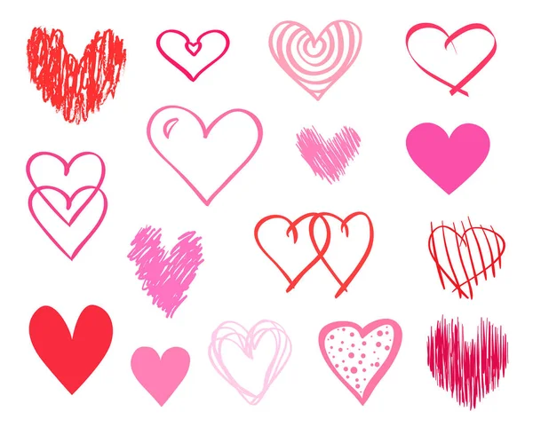 Kolorowe Serca Białym Tle Ręcznie Rysowane Zestaw Znaków Miłości Unikalne — Wektor stockowy