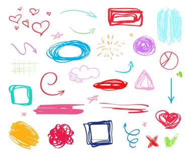 Infographic öğeleri yalıtım arka plan üzerinde. Beyaz üzerine farklı işaretlere büyük kümesi. Elle çizilmiş basit şekiller. Vurgulayıcılar tasarımı için. Hat sanatı. Soyut daireler, oklar ve çerçeveler. Doodles'ın iş için