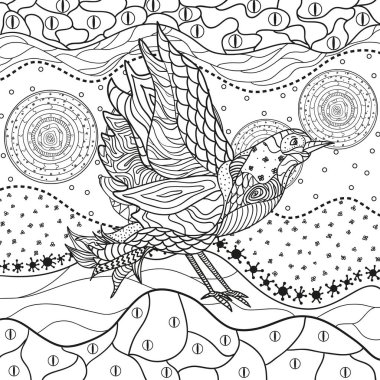 Kare mandala. Soyut desen izole beyaz kuş ile. El Hayvan yalıtım zemin üzerine çekilmiş. Yetişkinler için manevi rahatlama için tasarım. Siyah beyaz resim