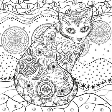 Soyut Asya desen ile izole beyaz kedi. Zentangle. El soyut desenler yalıtım zemin üzerine çekilmiş. Yetişkinler için manevi rahatlama için tasarım. Siyah beyaz resim