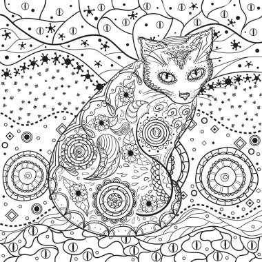 Soyut Asya desen ile izole beyaz kedi. Zentangle. El soyut desenler yalıtım zemin üzerine çekilmiş. Yetişkinler için manevi rahatlama için tasarım. Siyah beyaz resim