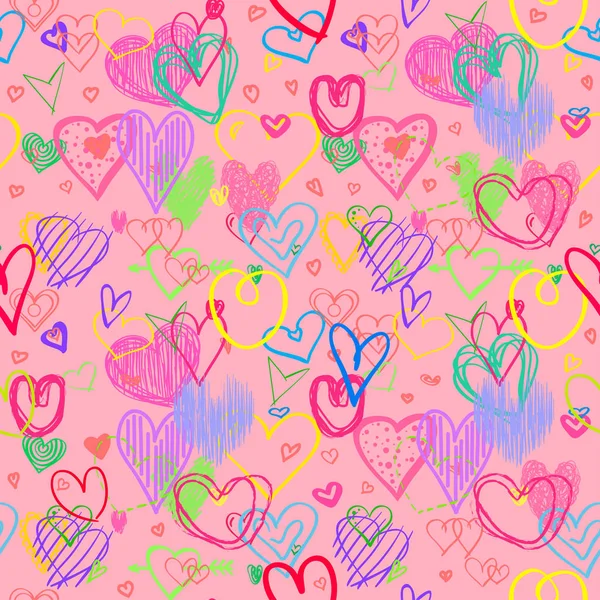 Ручной Рисунок Фона Цветными Сердцами Бесшовные Ворчливые Обои Поверхности Абстрактная — стоковый вектор