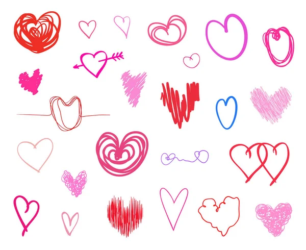 İzole beyaz arka plan üzerinde renkli kalpler. Elle çizilmiş aşk belirtileri ayarlayın. Benzersiz soyut resim tasarım için. Hat sanat yaratma. Renkli resimde. Poster veya el ilanı için öğeleri