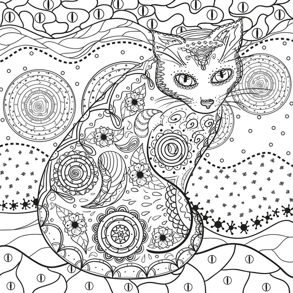 孤立した白猫と抽象的なアジア パターン Zentangle 分離の背景で抽象的なパターンを描画します 大人のための精神的なリラクゼーションのためのデザイン 黒と白のイラスト — ストックベクタ