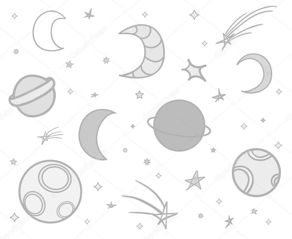 Cosmos elements on isolation background. Doodles for design on white. Hand drawn simple symbols. Line art. Set of different signs. Abstract illustration for work. Art creation
