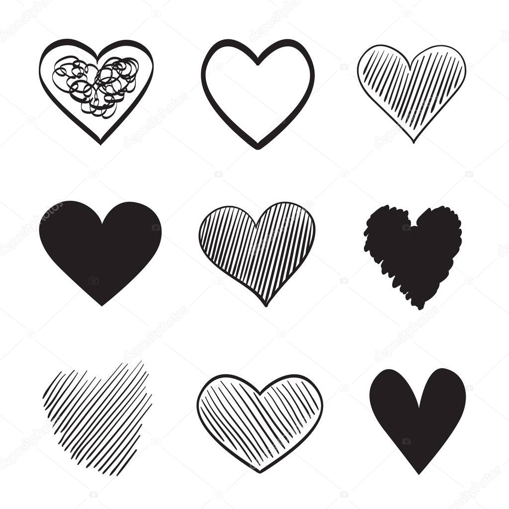 Hand drawn grunge hearts on isolated white background. Set of love signs. Unique image for design. Black and white illustration. Elements for design