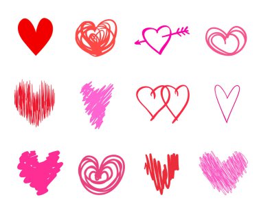 İzole beyaz arka plan üzerinde renkli kalpler. Elle çizilmiş aşk belirtileri ayarlayın. Benzersiz soyut resim tasarım için. Hat sanat yaratma. Renkli resimde. Poster veya el ilanı için öğeleri
