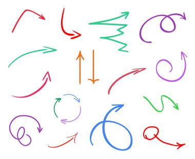 İzole beyaz arka plan üzerinde renkli Infographic öğeleri. Elle çizilmiş basit oklar. Hat sanatı. Farklı işaretçi kümesi. Soyut göstergeleri