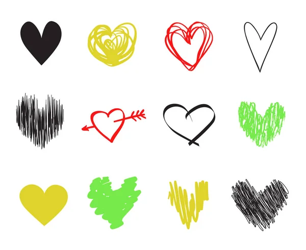 Разноцветные Сердца Изолированном Белом Фоне Ручной Набор Знаков Любви Уникальное — стоковый вектор
