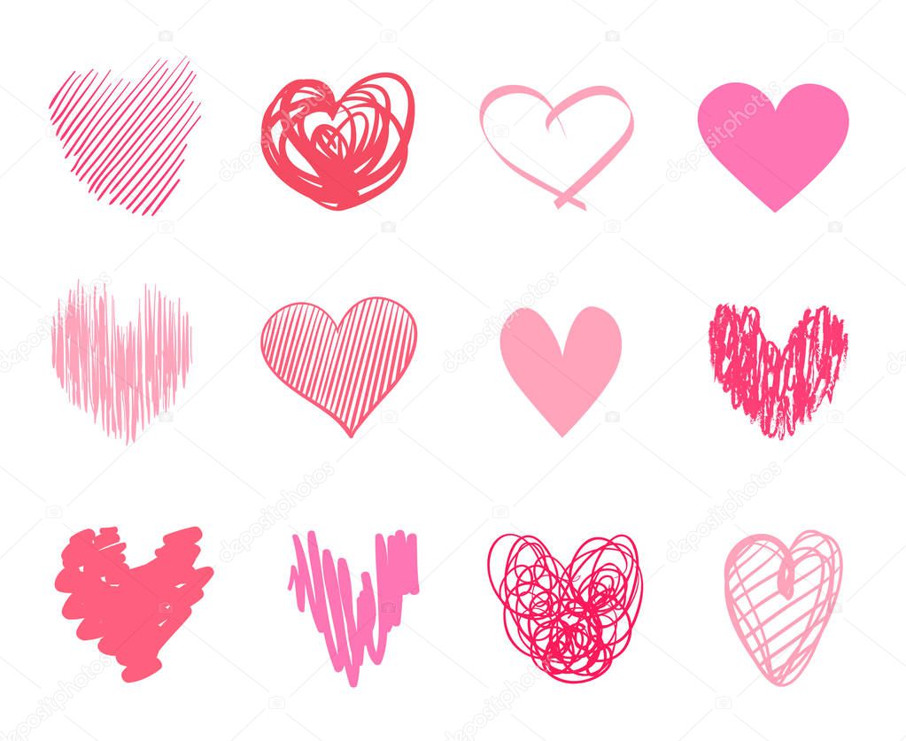 Multicolored trendy hearts on isolated white background. Hand drawn set of love signs. Unique abstract signs for design. Line art creation. Colored illustration. Elements for poster or flyer