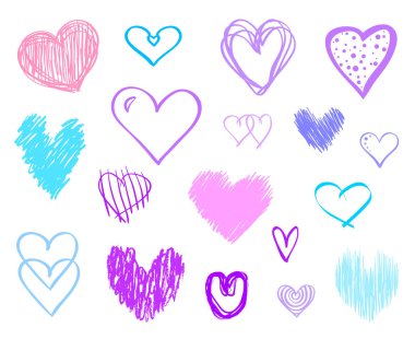 İzole beyaz arka plan üzerinde renkli trendy kalpler. Elle çizilmiş aşk belirtileri ayarlayın. Benzersiz soyut tasarım için imzalar. Hat sanat yaratma. Renkli resimde. Poster veya el ilanı için öğeleri