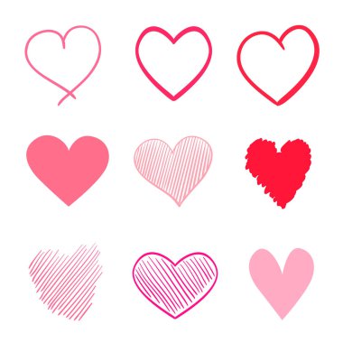 Grunge izole beyaz arka plan üzerinde renkli kalpler. Elle çizilmiş aşk belirtileri ayarlayın. Şirin soyut tasarım için imzalar. Hat sanat yaratma. Renkli resimde. Poster veya el ilanı için öğeleri