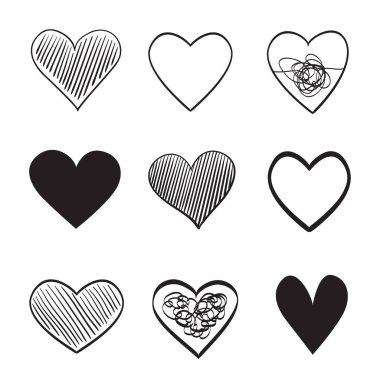 El grunge kalpler izole beyaz zemin üzerine çekilmiş. Aşk belirtileri ayarlayın. Tasarım benzersiz işaretleri. Siyah beyaz resim. El ilanları, tebrik kartları ve afiş için doodles. Yaratıcı sanat çizimler