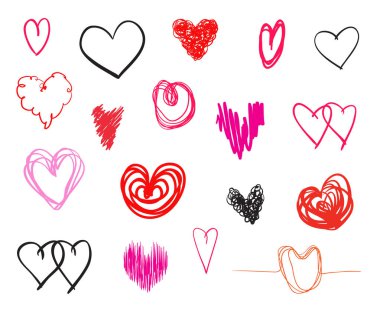 İzole beyaz arka plan üzerinde renkli trendy kalpler. Elle çizilmiş aşk belirtileri ayarlayın. Benzersiz soyut tasarım için imzalar. Hat sanat yaratma. Renkli resimde. Poster veya el ilanı için öğeleri