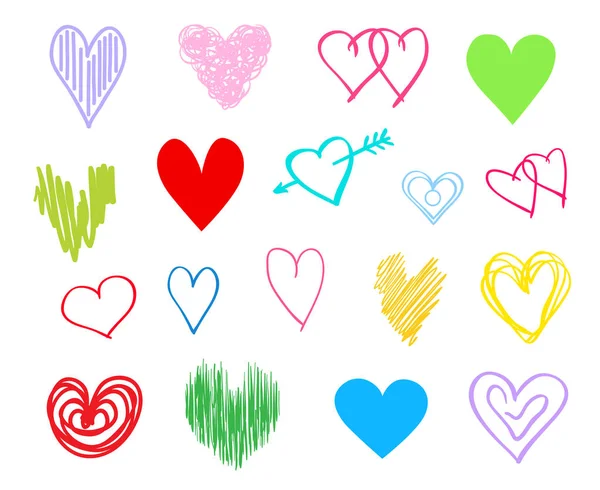 Multicolored Trendy Hearts Isolated White Background Hand Drawn Set Love — Stock Vector