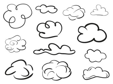 İzolasyon arka planında bulutlar. Beyaz üzerine karalamalar. El çizimi sanat eseri. Siyah beyaz çizim. Sanat çalışması için çizimler
