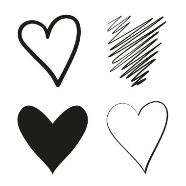 Hand drawn grunge hearts on isolated white background. Set of love signs. Unique image for design. Black and white illustration. Grungy elements for design