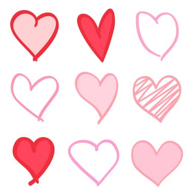 İzole beyaz arka plan üzerinde renkli trendy kalpler. Elle çizilmiş aşk belirtileri ayarlayın. Benzersiz soyut tasarım için imzalar. Hat sanat yaratma. Renkli resimde. Poster veya el ilanı için öğeleri