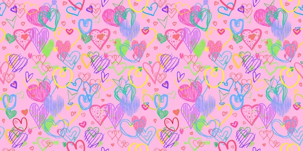 Handgezeichneter Hintergrund Mit Farbigen Herzen Nahtlose Grungy Tapete Auf Der — Stockvektor