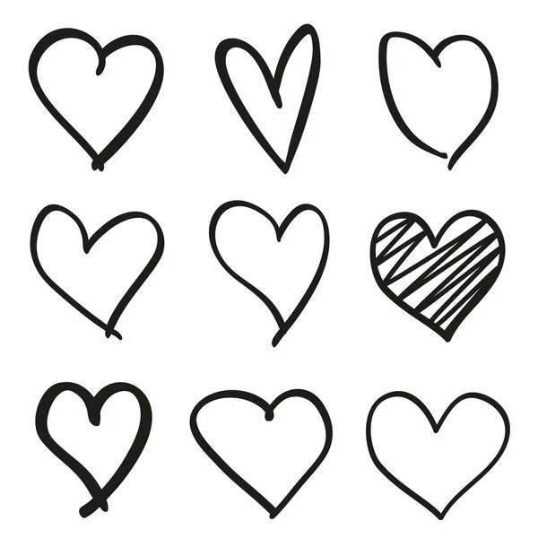 Corazones Grunge Dibujados Mano Sobre Fondo Blanco Aislado Conjunto Señales — Vector de stock