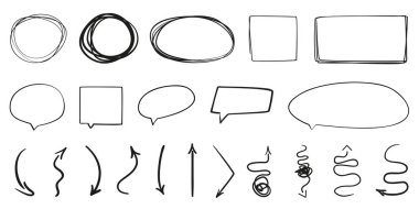 Elle çizilmiş kare beyaz üzerinde. Soyut çerçeveler. Hat sanatı. Farklı şekiller ve okları kümesi. Siyah beyaz resim. Resim için yarım yamalak karalamalar
