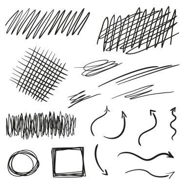 Infographic elements on isolation background. Hand drawn frames and arrows on white. Abstract frameworks. Line art. Set of different shapes. Black and white illustration. Doodles for artwork clipart