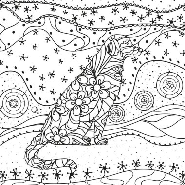 Köpek ile süslü duvar kağıdı. Elle çizilmiş süsler beyaz el salladı. Soyut desenler izole arka plan üzerinde. Yetişkinler için manevi rahatlama için tasarım. Hat sanatı. Siyah beyaz resim