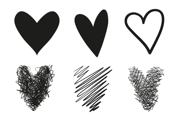 Hand Drawn Grunge Hearts Isolated White Background Set Love Signs — Stockový vektor