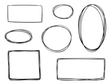 Elle çizilmiş kare beyaz üzerinde. Soyut çerçeveler. Hat sanatı. Farklı şekiller kümesi. Siyah beyaz resim. Doodles'ın resim için