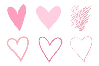 İzole beyaz arka plan üzerinde renkli trendy kalpler. Elle çizilmiş aşk belirtileri ayarlayın. Soyut resim tasarım için. Hat sanat yaratma. Renkli resimde. Yarım yamalak öğeleri sanat eserleri için