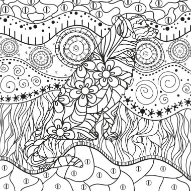 Köpek ile süslü duvar kağıdı. Elle çizilmiş süsler beyaz el salladı. Soyut desenler izole arka plan üzerinde. Yetişkinler için manevi rahatlama için tasarım. Hat sanatı. Siyah beyaz resim