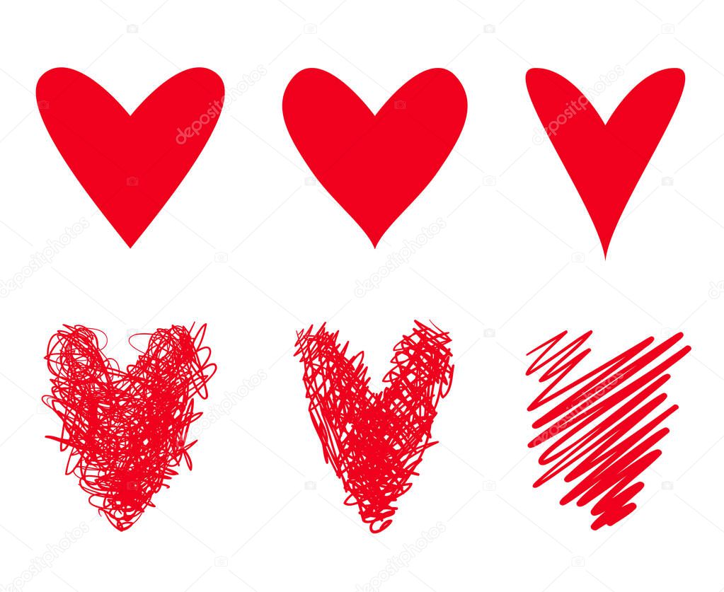 Colorful hearts on isolated white background. Hand drawn set of love signs. Unique abstract image for design. Line art creation. Colored illustration. Elements for poster or flyer