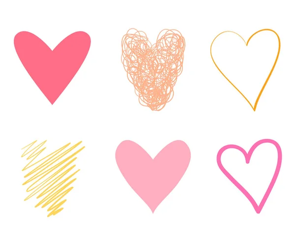 Barevná Srdce Izolované Bílém Pozadí Ručně Kreslenou Sada Znamení Lásky — Stockový vektor