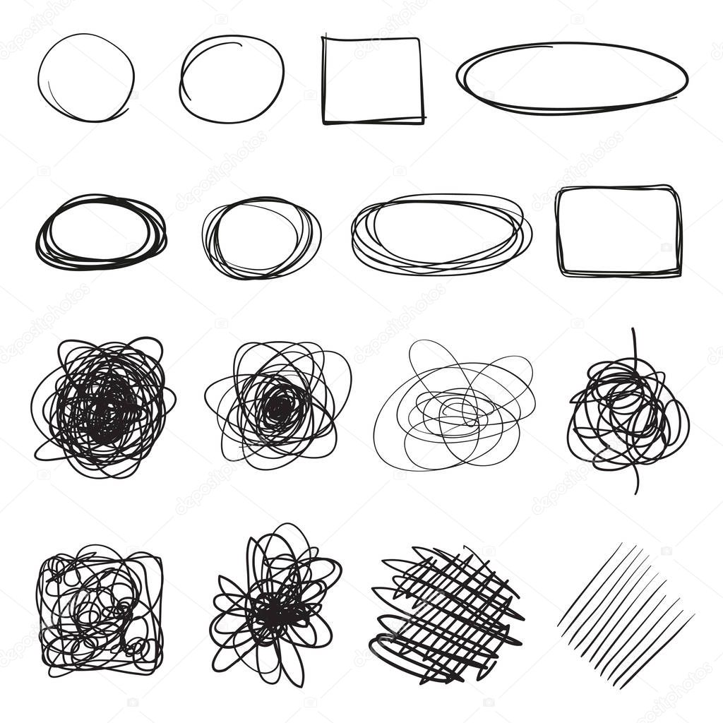 Infographic elements on isolation background. Hand drawn frames on white. Abstract frameworks. Line art. Set of different shapes. Black and white illustration. Doodles for artworks