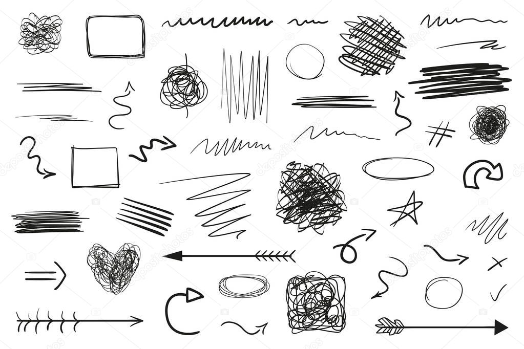 Infographic elements on isolation background. Hand drawn frames and arrows on white. Abstract frameworks. Line art. Set of different shapes. Black and white illustration. Doodles for artwork