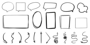 Elle çizilmiş kare beyaz üzerinde. Soyut çerçeveler. Hat sanatı. Farklı şekiller ve okları kümesi. Siyah beyaz resim. Resim için yarım yamalak karalamalar